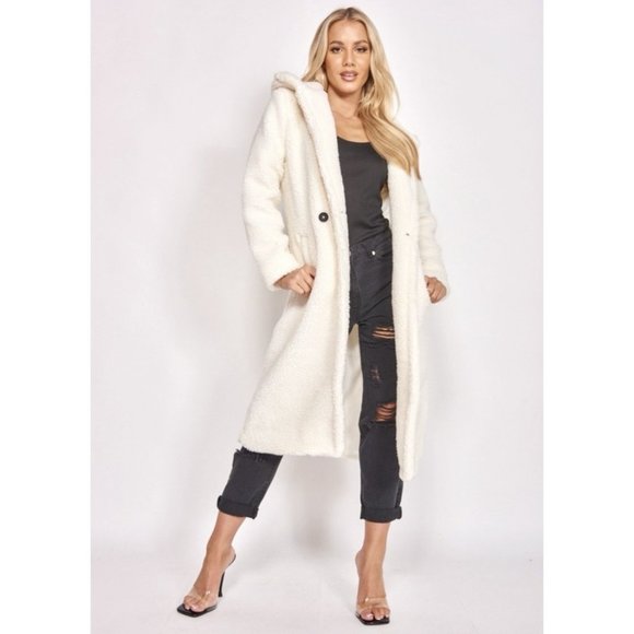 1 DAY SALE! Long Sleeve Hoodie Hooded Long Maxi Borg Teddy Bear Fur Coat - Picture 2 of 15